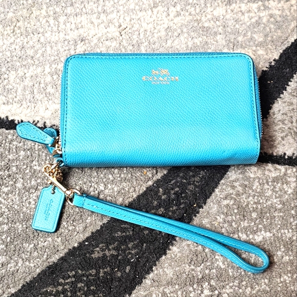 Coach Bags EUC Double Zip Bifold Coin Zip Wallet Detachable Wrist Strap Teal - Picture 2 of 16